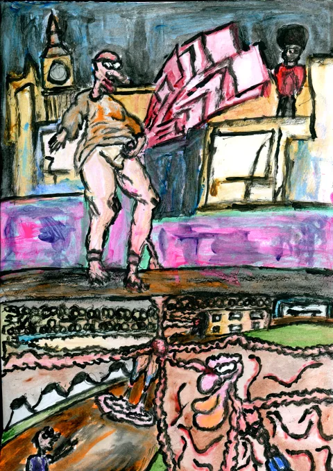 A pink figure among layered buildings and marks, above repeated faces in the foreground.