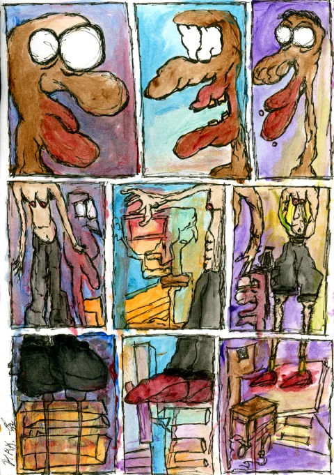 A nine-panel composition of distorted faces, figures and interior fragments.