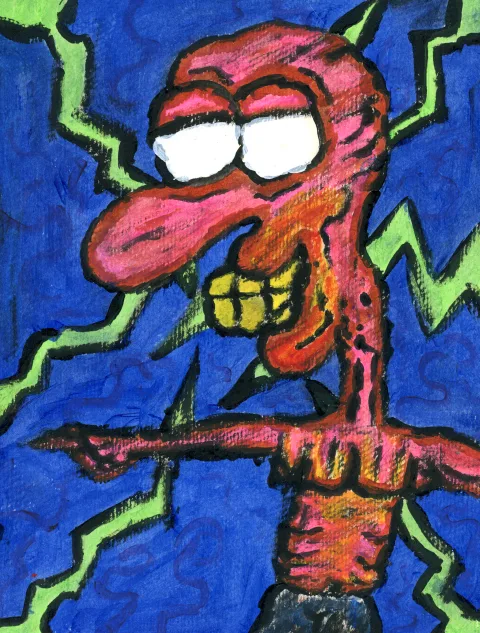 An orange and red figure with white eyes holding a long horizontal object against blue and green angular forms.