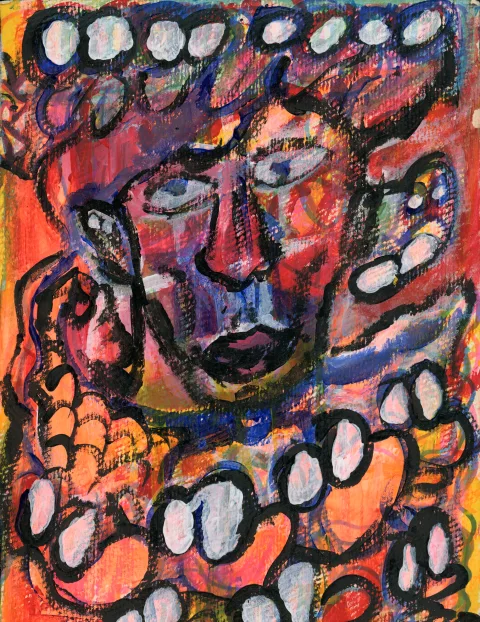 A central angular face surrounded by overlapping eyes and marks in orange, pink and dark blue.