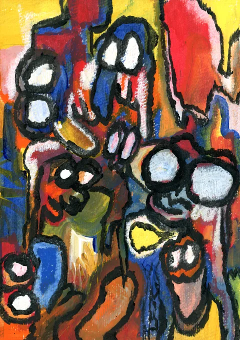 A cluster of long-nosed figures with white eyes against yellow, red and blue shapes.