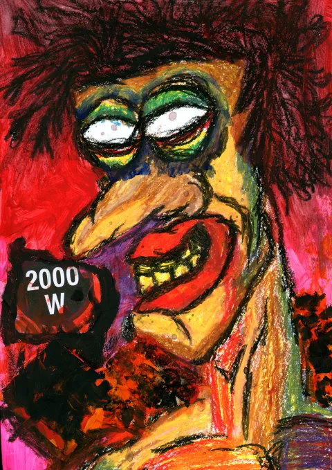 An exaggerated face beside a black microphone marked 2000 W, against a red background.