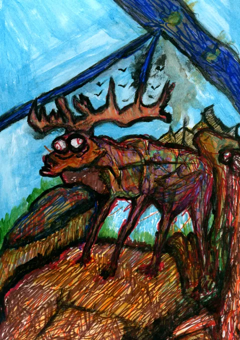 An antlered animal with overlapping marks beneath diagonal blue forms.