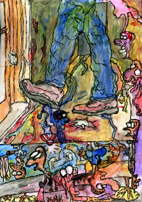 Large trousered legs above a crowded scene of small faces and colourful fragments.