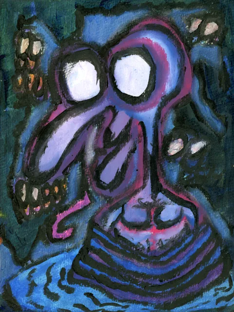 A purple and blue face with large white eyes, a long nose and layered curved lines.