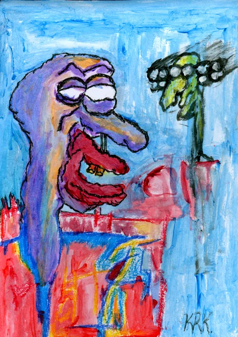 A purple figure with a long nose and open red mouth beside flowers on a blue background.