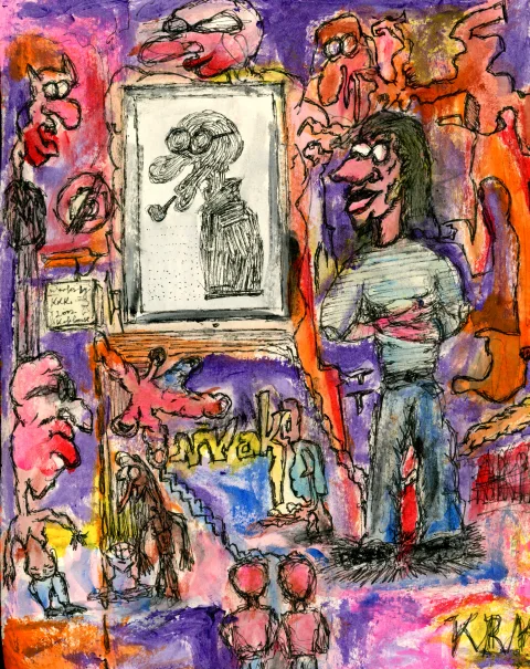 Layered pink, orange and purple figures surrounding a central framed drawing.