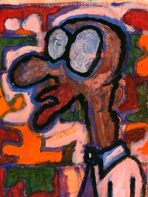 A long-nosed profile in pink and purple with pale eyes and dark outlines against orange shapes.