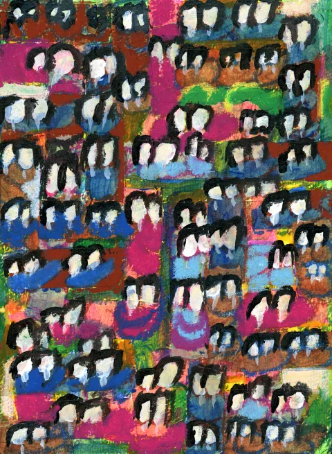Dense rows of small figures with bright white eyes across patches of pink, blue and green.