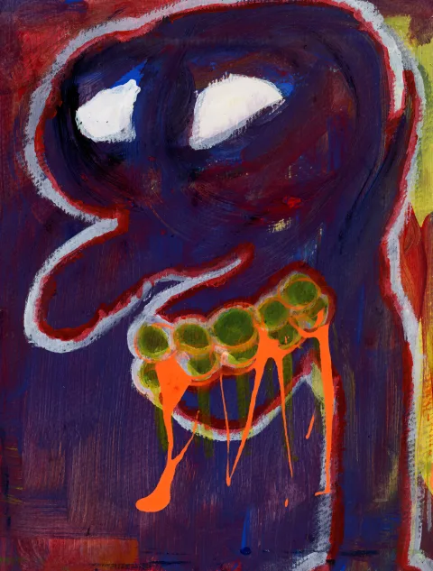 A purple face with white eyes and an orange, yellow and green cluster of circles with long trailing lines.