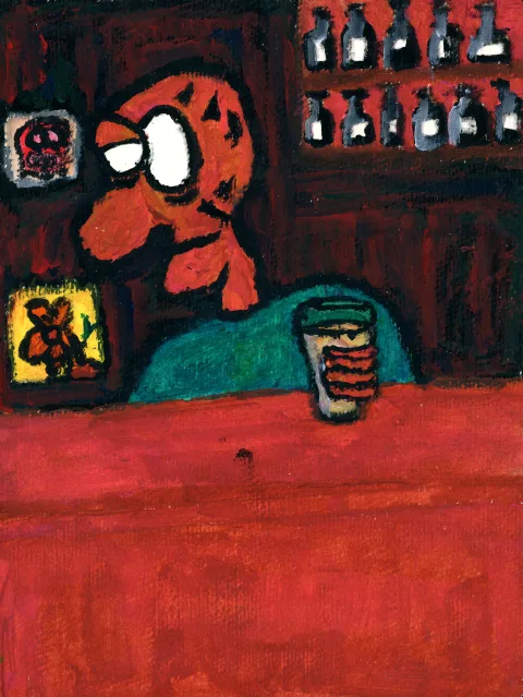 A red figure holding a cup behind a red counter, with small bottles on dark shelves.