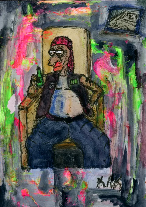 A seated figure holding a green bottle, surrounded by bright marks and a framed image.