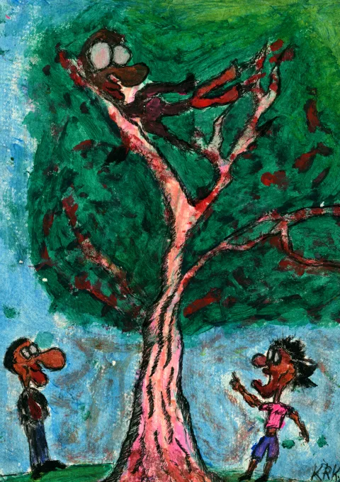 A long-limbed figure among branching red forms on a green and blue background.