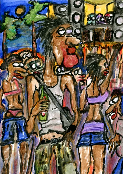 Overlapping figures with exaggerated faces in a layered interior of blue, yellow and green.